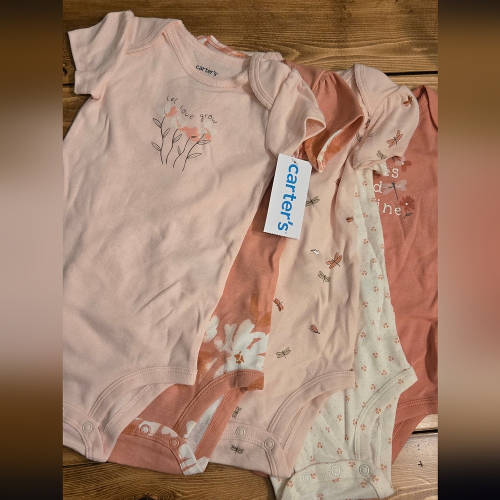 Carter's Baby Girl Pink Peach Coral and Cream Bodysuits Set 6 - 9 Months
